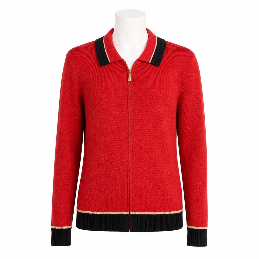Dylani Knitwear Zip Up Sweater Women Medium Red Black Trim Collared Full Zip New